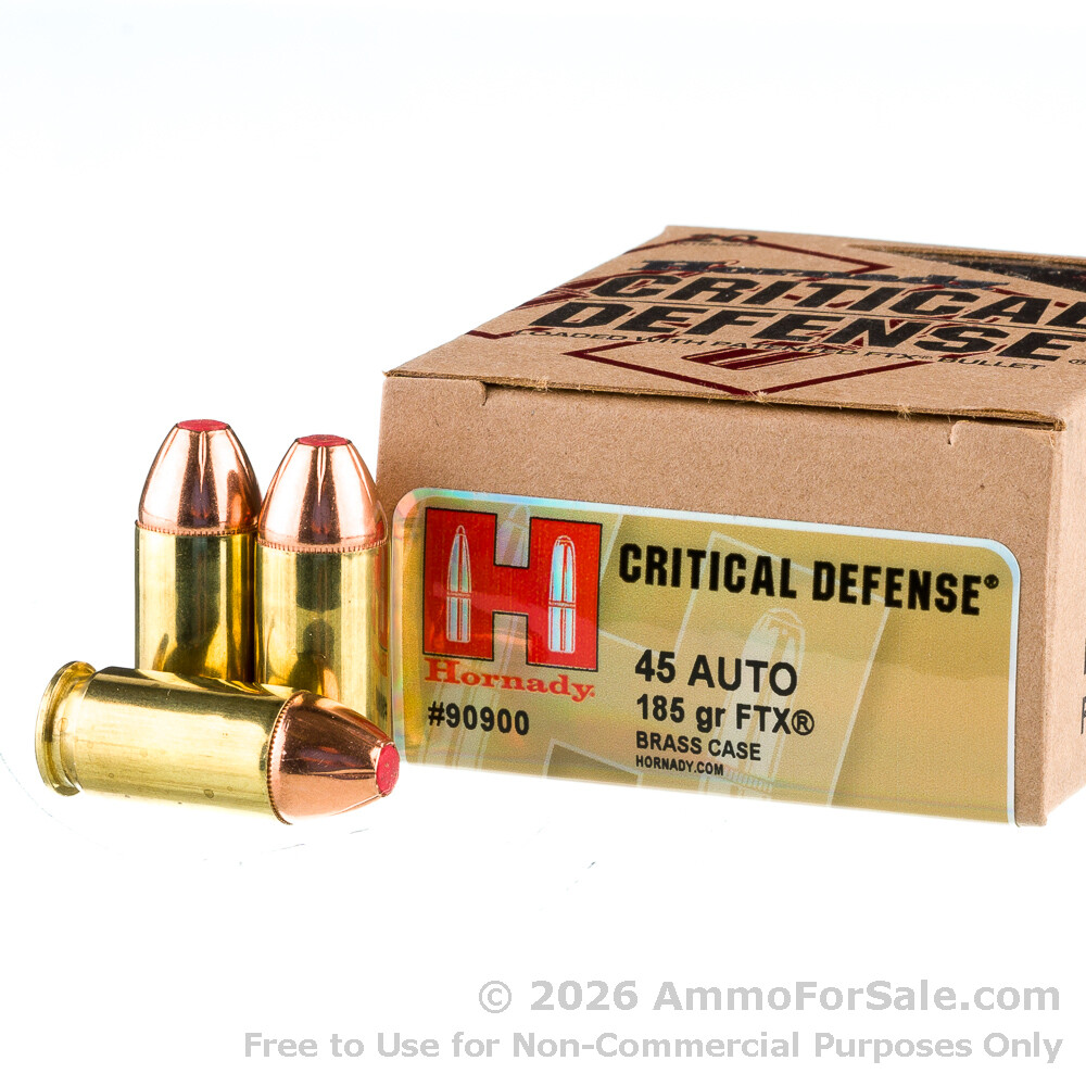 20 Rds 185gr JHP .45 ACP Ammo by Hornady Critical Defense