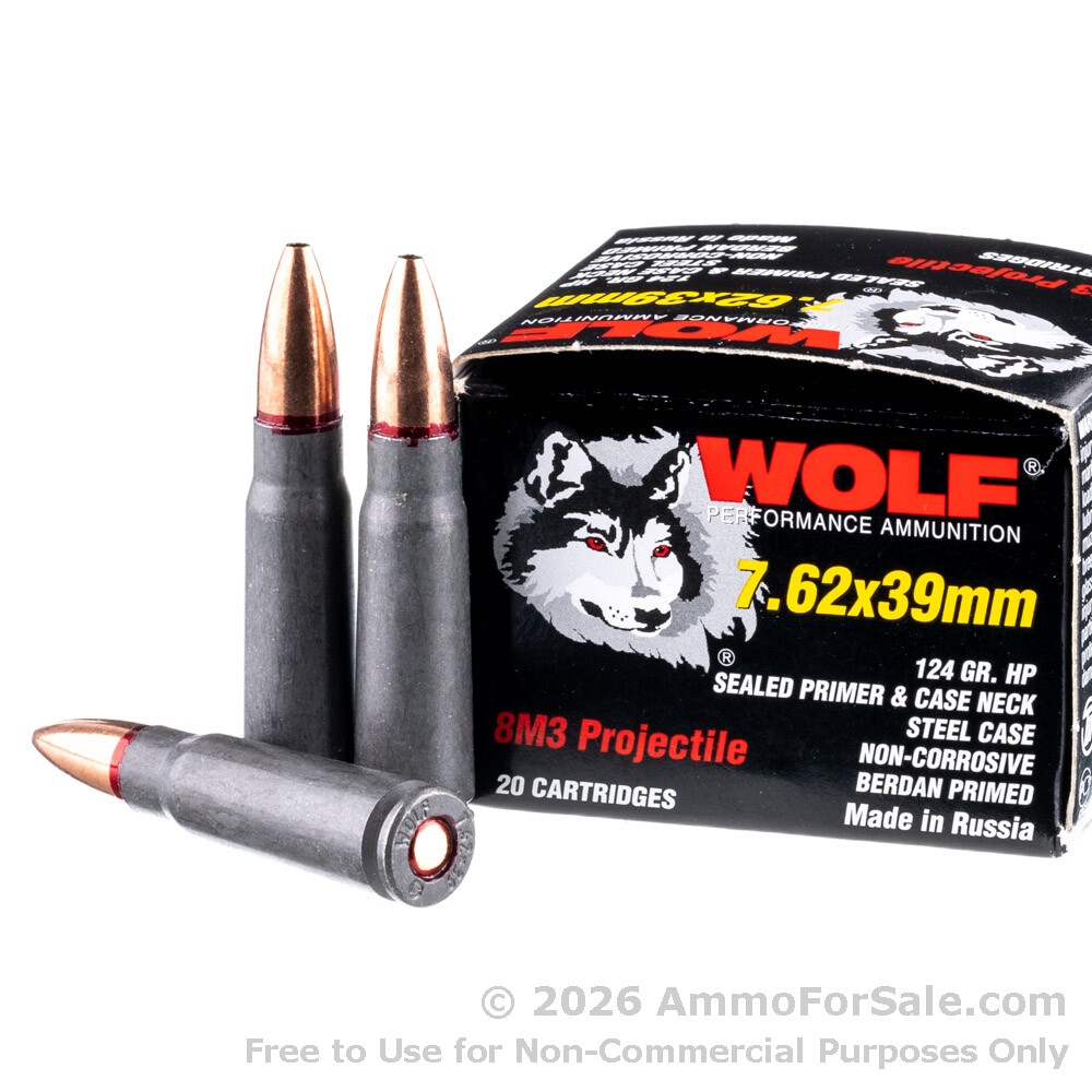 1000 Rounds of Discount 124gr HP 8M3 7.62x39 Ammo For Sale by Wolf