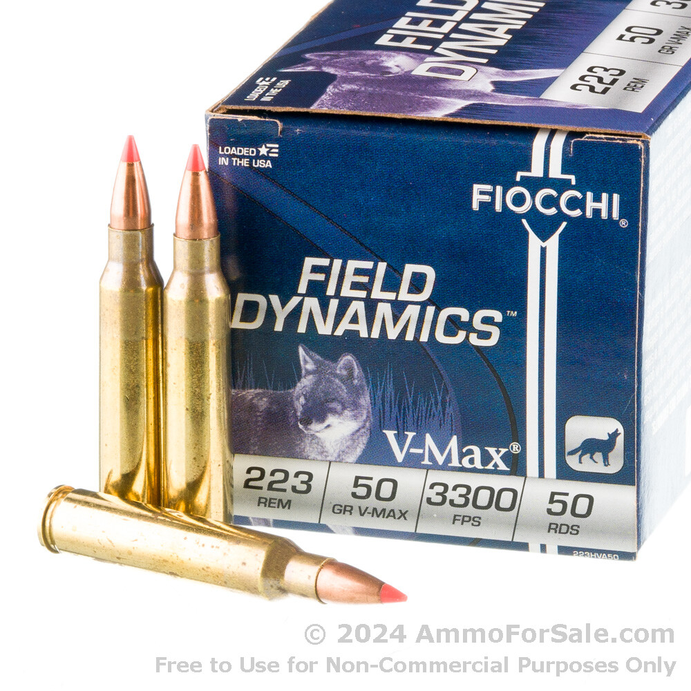 Fiocchi Field Dynamics 223 Remington 50 Grain V-Max 3300 FPS Rifle  Ammunition