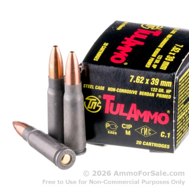 1000 Rounds of 122gr HP 7.62x39mm Ammo by Tula