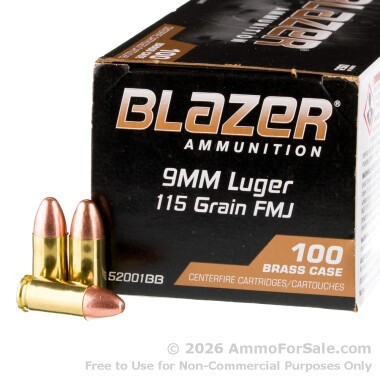 100 Rounds of 115gr FMJ 9mm Ammo by Blazer Brass