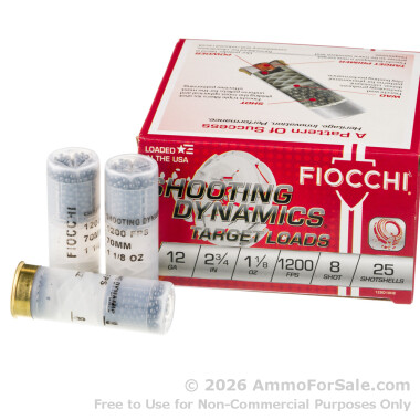 250 Rounds of 1 1/8 ounce #8 shot 12ga Ammo by Fiocchi Shooting Dynamics 1,200 fps