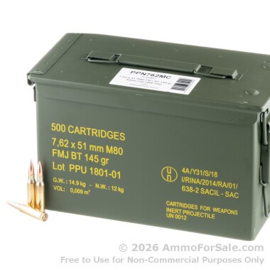 500 Rounds of 145gr FMJBT 7.62x51mm Ammo by Prvi Partizan