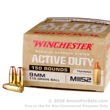 150 Rounds of 115gr FMJ M1152 9mm Ammo by Winchester