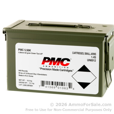 840 Rounds of 62gr FMJ M855 5.56x45 Ammo by PMC in Bandolier in Ammo Can