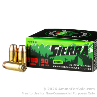 20 Rounds of 90gr JHP .380 ACP Ammo by Sierra