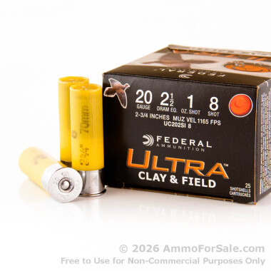 250 Rounds of 2-3/4" 1 ounce #8 shot 20ga Ammo by Federal Ultra Clay & Field