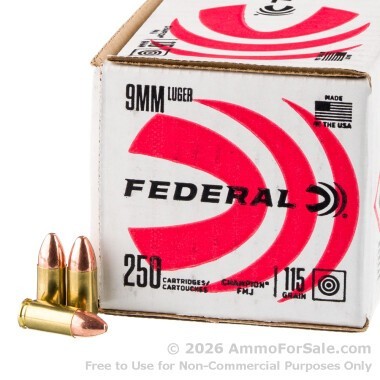250 Rounds of 115gr FMJ 9mm Ammo by Federal