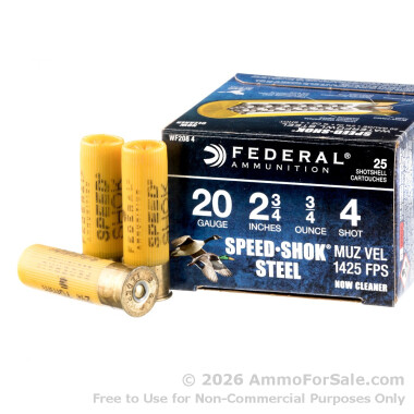 25 Rounds of 2-3/4" 3/4 ounce #4 shot 20ga Ammo by Federal Speed-Shok
