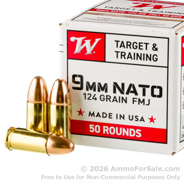 50 Rounds of 124gr FMJ 9mm NATO Ammo by Winchester