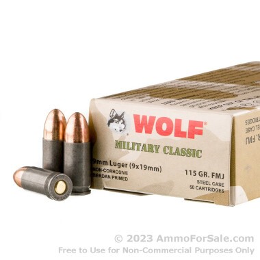 50 Rounds of 115gr FMJ 9mm Ammo by Wolf WPA Military Classic