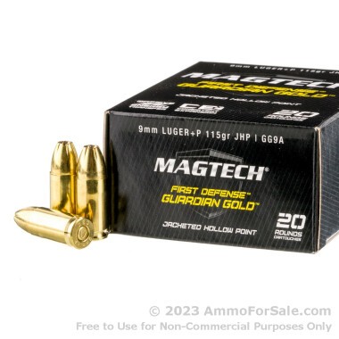 20 Rounds of 115gr JHP 9mm +P Ammo by Magtech Guardian Gold