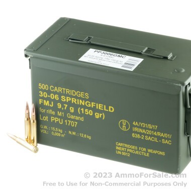 500 Rounds of 150gr FMJ 30-06 Springfield Ammo by Prvi Partizan M1 Garand in Ammo Can