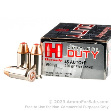 20 Rounds of 220gr JHP FTX .45 ACP +P Critcal Duty Ammo by Hornady
