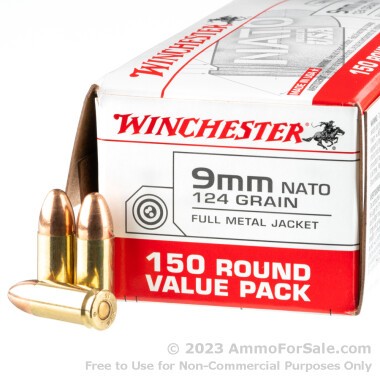 150 Rounds of 124gr FMJ 9mm NATO Ammo by Winchester