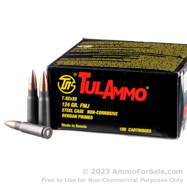 100 Rounds of 124gr FMJ 7.62x39mm Ammo by Tula
