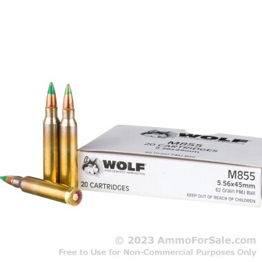 20 Rounds of 62gr FMJ M855 5.56x45 Ammo by Wolf