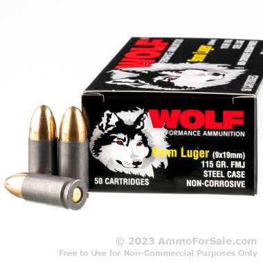 50 Rounds of 115gr FMJ 9mm Ammo by Wolf
