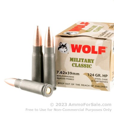 1000 Rounds of 124gr HP 7.62x39mm Ammo by Wolf