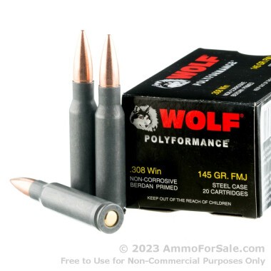 20 Rounds of 145gr FMJ .308 Win Ammo by Wolf WPA Polyformance