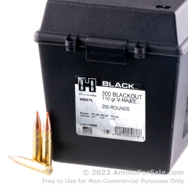 200 Rounds of 110gr V-MAX 300 AAC Blackout Ammo in Field Box by Hornady