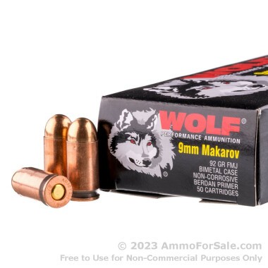 50 Rounds of 92gr FMJ 9x18mm Makarov Ammo by Wolf