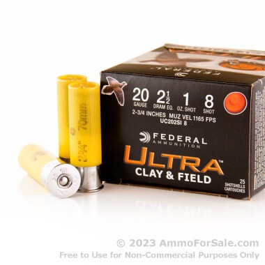25 Rounds of 2-3/4" 1 ounce #8 shot 20ga Ammo by Federal Ultra Clay & Field