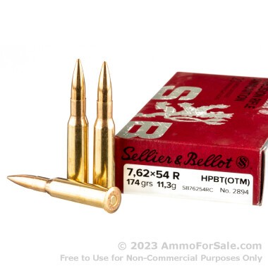 20 Rounds of 174gr HPBT 7.62x54r Ammo by Sellier & Bellot