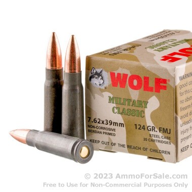 20 Rounds of 124gr FMJ 7.62x39mm Ammo by Wolf Mil Classic WPA