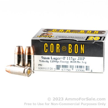 20 Rounds of 115gr +P JHP 9mm Ammo by Corbon 