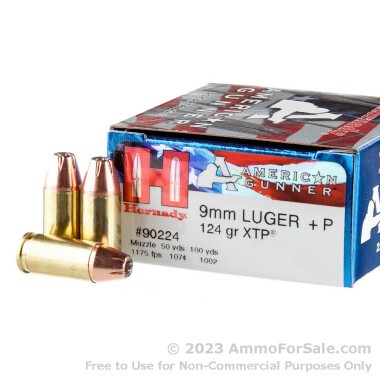 250 Rounds of 124gr JHP 9mm +P Ammo by Hornady