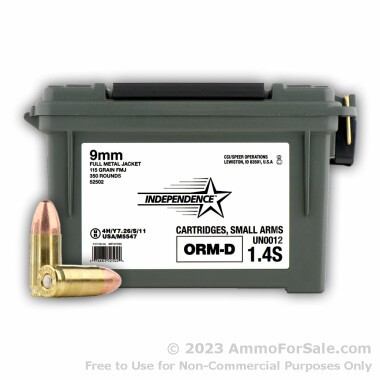 350 Rounds of 115gr FMJ 9mm Ammo by Independence