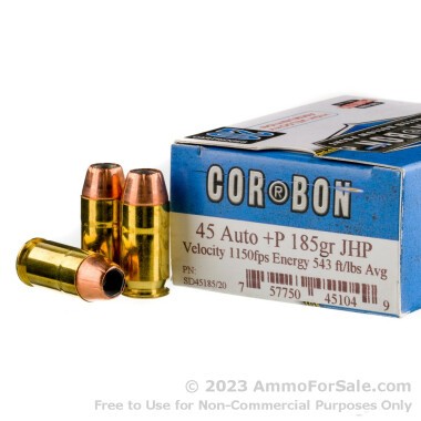20 Rounds of 185gr JHP .45 ACP +P Ammo by Corbon