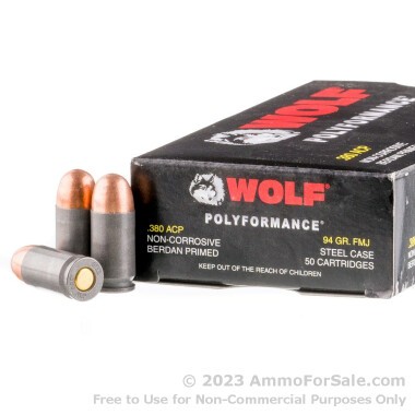 50 Rounds of 94gr FMJ .380 ACP Ammo by Wolf Polyformance