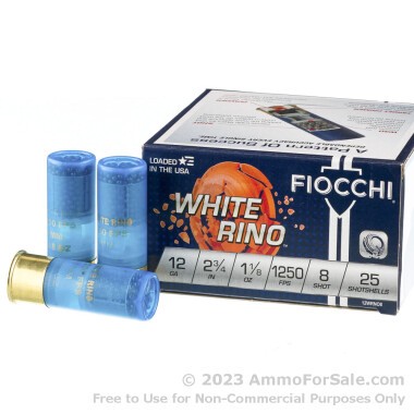 25 Rounds of 1 1/8 ounce #8 shot 12ga Ammo by Fiocchi White Rino