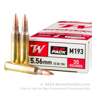 30 Rounds of 55gr FMJ M193 5.56x45 Ammo by Winchester on Stripper Clips With Loader