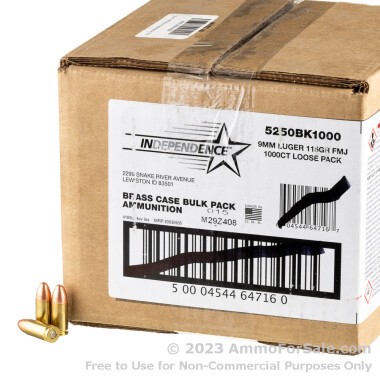 1000 Rounds of 115gr FMJ 9mm Ammo by Independence Bulk Pack
