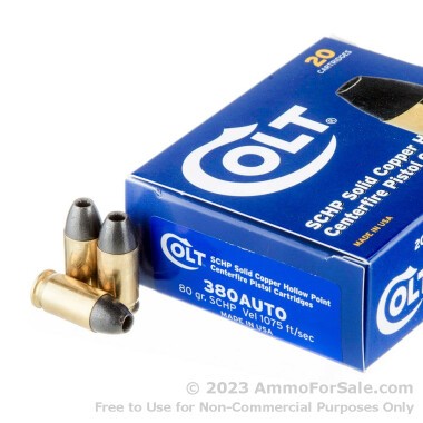 20 Rounds of 80gr SCHP .380 ACP Ammo by Colt