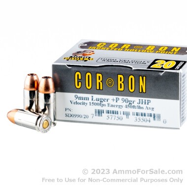 20 Rounds of 90gr JHP 9mm +P Ammo by Corbon