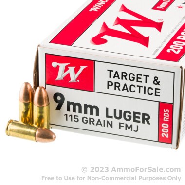 200 Rounds of 115gr FMJ 9mm Ammo by Winchester