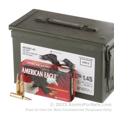 200 Rounds of 150gr FMJBT .308 Win Ammo by Federal American Eagle