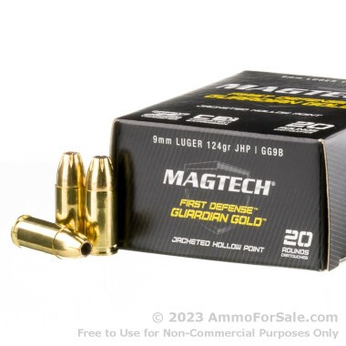 20 Rounds of 124gr JHP 9mm Ammo by Magtech Guardian Gold