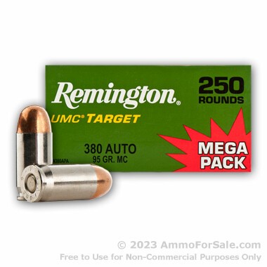 250 Rounds of 95gr MC .380 ACP Nickel Plated Ammo by Remington