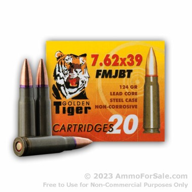 20 Rounds of 124gr FMJBT 7.62x39mm Ammo by Golden Tiger