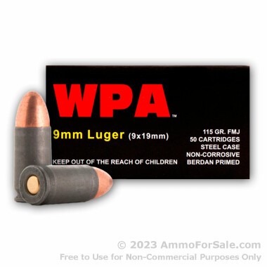 50 Rounds of 115gr FMJ 9mm Ammo by Wolf WPA