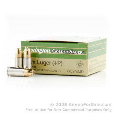 25 Rounds of 124gr BJHP 9mm +P Ammo by Remington Golden Saber