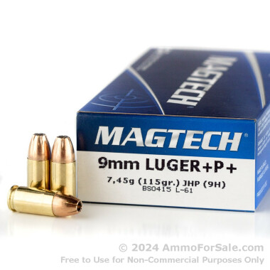 50 Rounds of 115gr +P+ JHP 9mm Ammo by Magtech