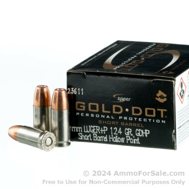 20 Rounds of 124gr JHP 9mm +P Ammo by Speer Gold Dot Short Barrel