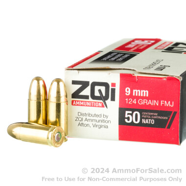50 Rounds of 124gr FMJ 9mm NATO Ammo by ZQI
