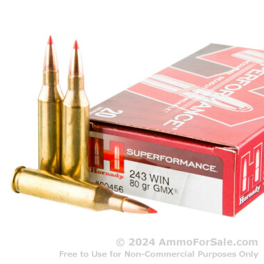 20 Rounds of 80gr GMX .243 Win Ammo by Hornady Superformance